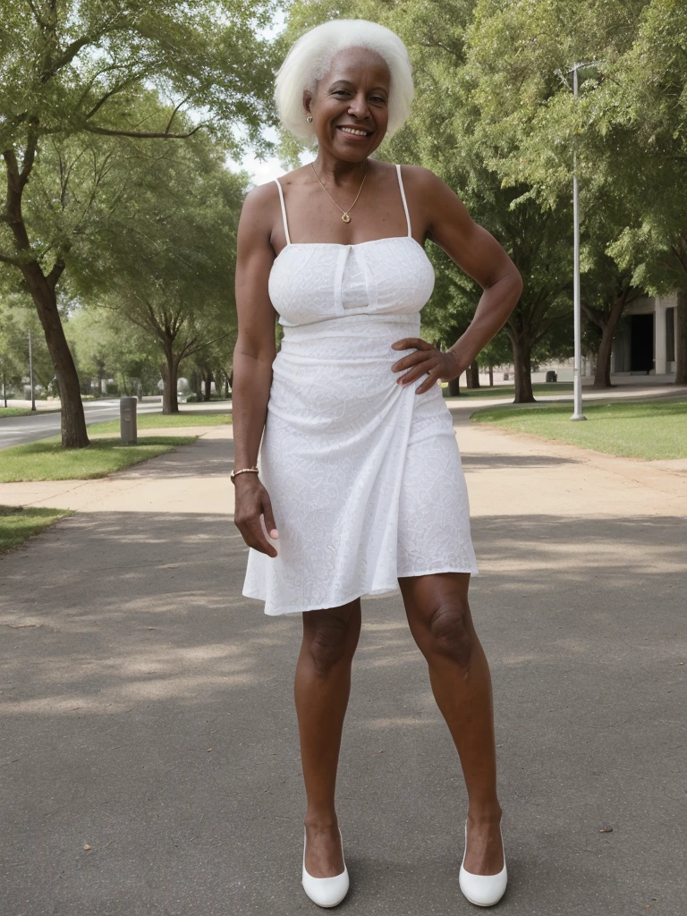 Androeda, solo, realistic, black girl, ((85-year-old girl)), ((mature)), ((old woman)), ((wrinkled woman)), african american old woman, old black woman, dark-skinned, (((upper body and upper legs))), ((outside city park)), ((wide shot)), smiling, wearing white wrap dress, white hair