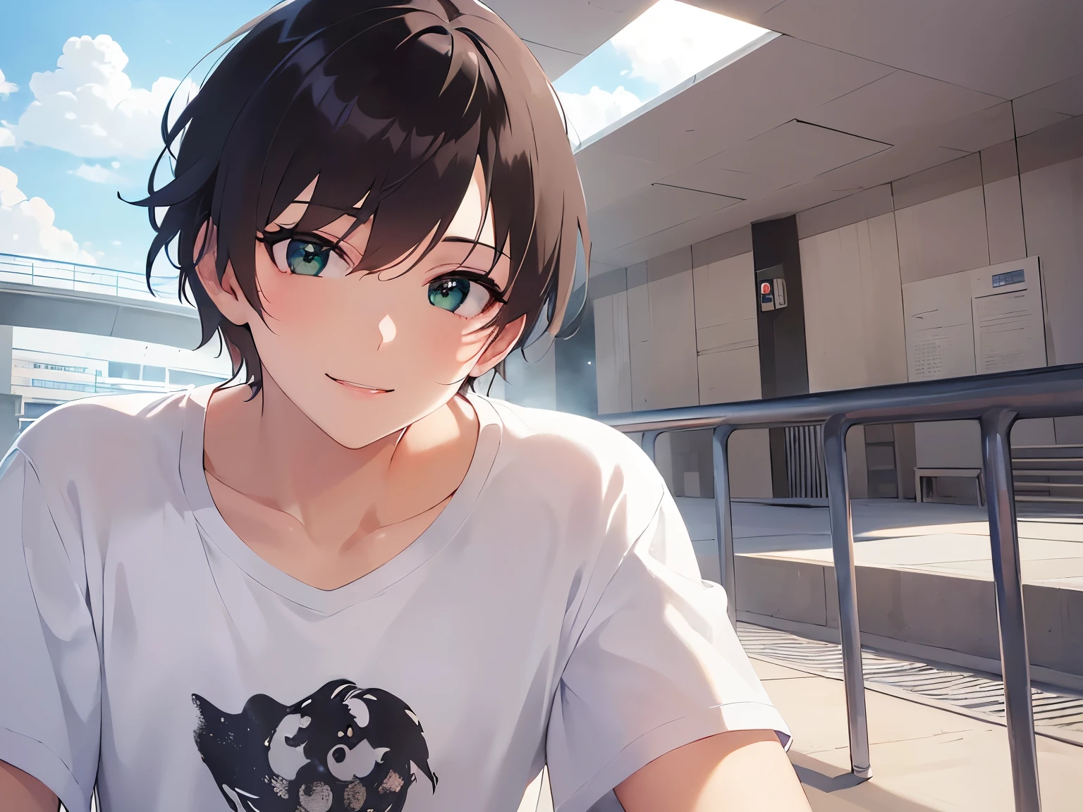 shiny skin,masterpiece,Highest quality,BREAK(A man of 26:1.5)and(Brown short hair)and(Green Eyes)BREAK,(White T-shirt:1.5),(smile:1.3),The background is a racetrack,(Alone:1.5),(Raise your fist:1.,(Biologically correct５Finger)