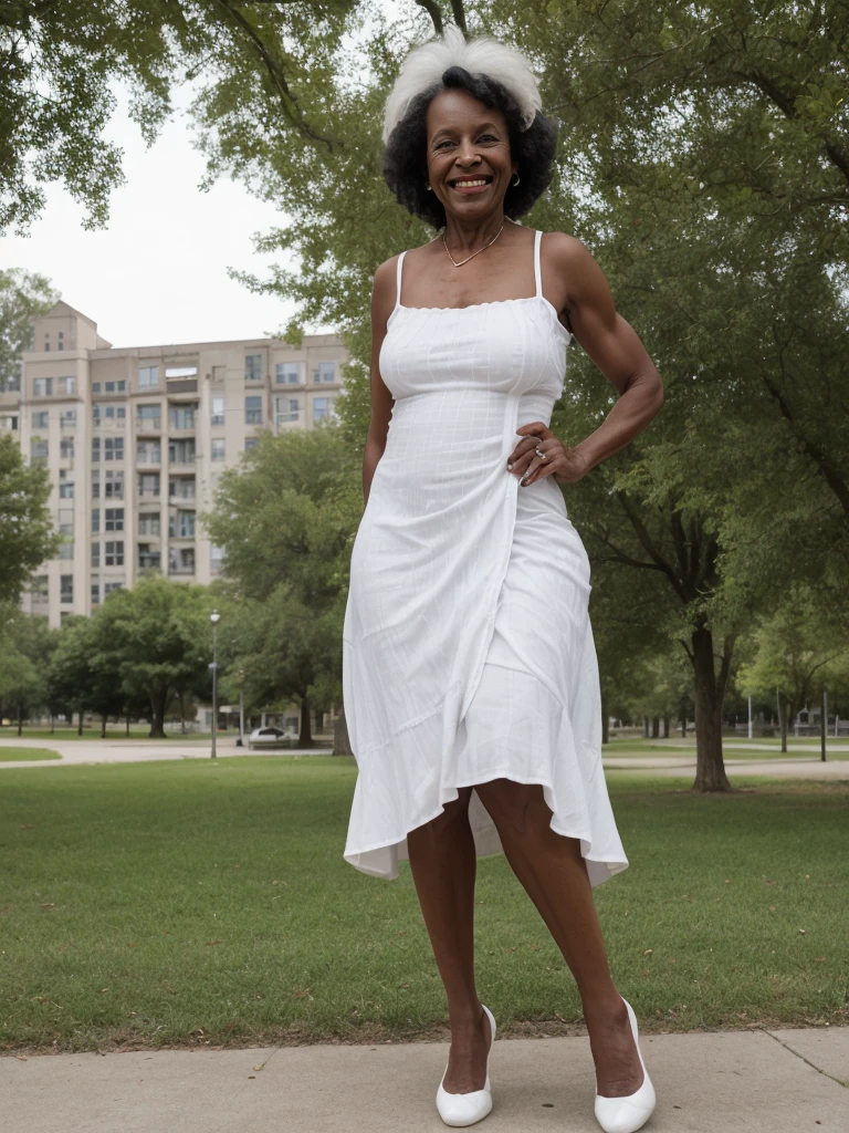 Androeda, solo, realistic, black girl, ((85-year-old girl)), ((mature)), ((old woman)), ((wrinkled woman)), african american old woman, old black woman, dark-skinned, (((upper body and upper legs))), ((outside city park)), ((wide shot)), smiling, wearing white wrap dress, white hair