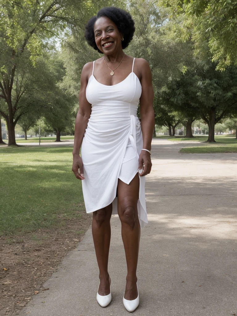 Androeda, solo, realistic, black girl, ((85-year-old girl)), ((mature)), ((old woman)), ((wrinkled woman)), african american old woman, old black woman, dark-skinned, (((upper body and upper legs))), ((outside city park)), ((wide shot)), smiling, wearing white wrap dress, white hair