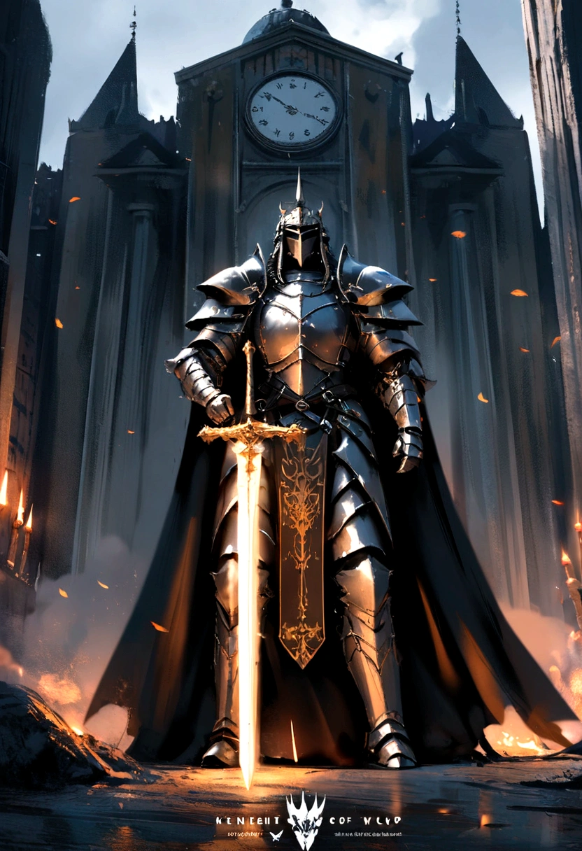 anime character with sword standing in front of a building, fallen knight, from arknights, gothic knight, evil knight, the style of wlop, fantasy knight, knight, royal emperor, dark souls knight, off-white plated armor, wearing heavy armor with cape, black heavy armor with gold trim, smooth anime cg art, artorias, glowing sword, Clock themed armor, Lion Man, Leonin, Lion person