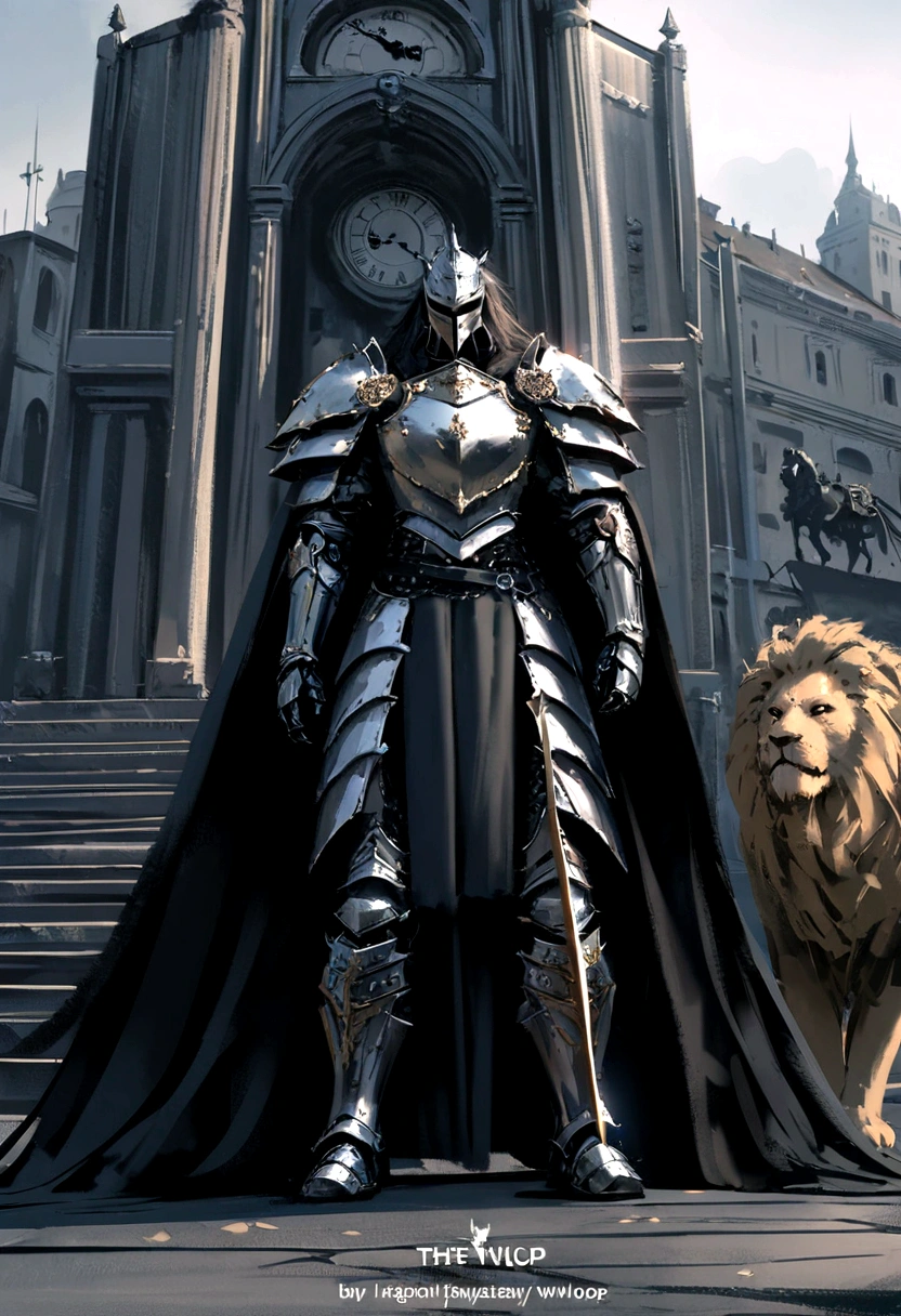 anime character with sword standing in front of a building, fallen knight, from arknights, gothic knight, evil knight, the style of wlop, fantasy knight, knight, royal emperor, dark souls knight, off-white plated armor, wearing heavy armor with cape, black heavy armor with gold trim, smooth anime cg art, artorias, glowing sword, Clock themed armor, Lion Man, Leonin, Lion person