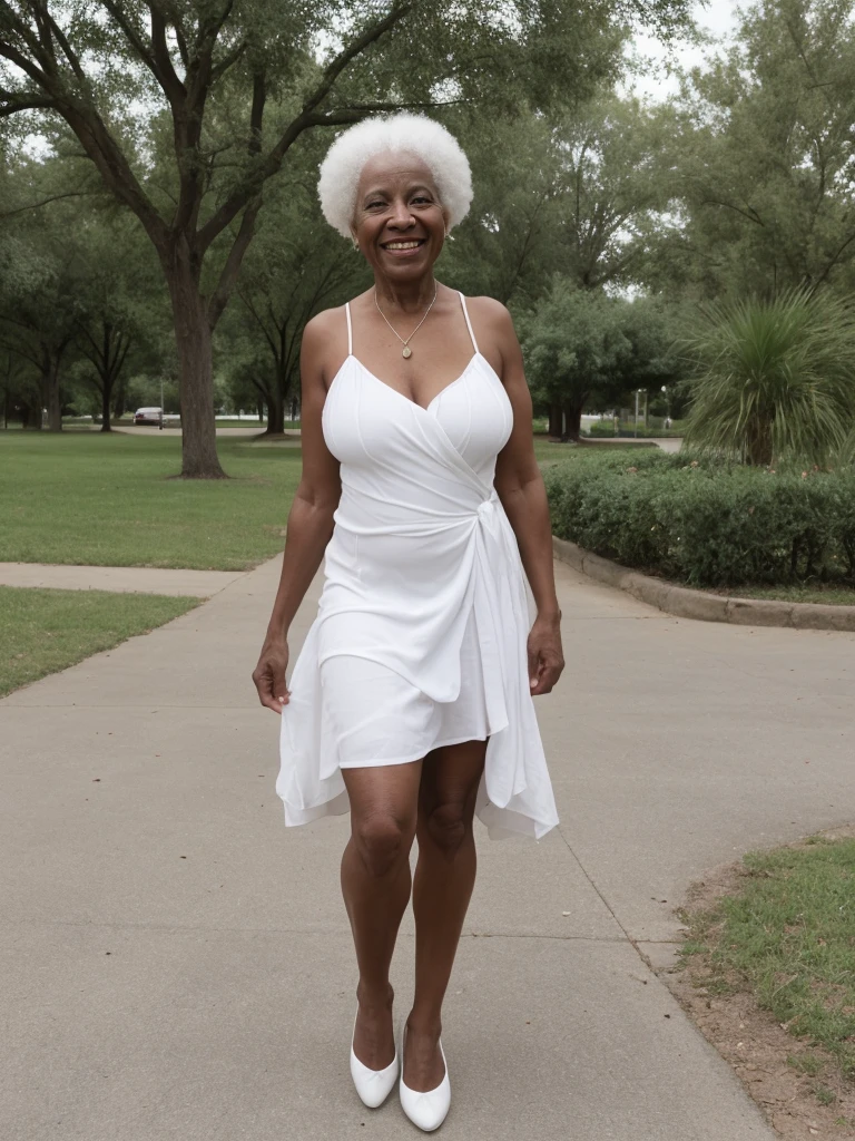 Androeda, solo, realistic, black girl, ((85-year-old girl)), ((mature)), ((old woman)), ((wrinkled woman)), african american old woman, old black woman, dark-skinned, (((upper body and upper legs))), ((outside city park)), ((wide shot)), smiling, wearing white wrap dress, white hair
