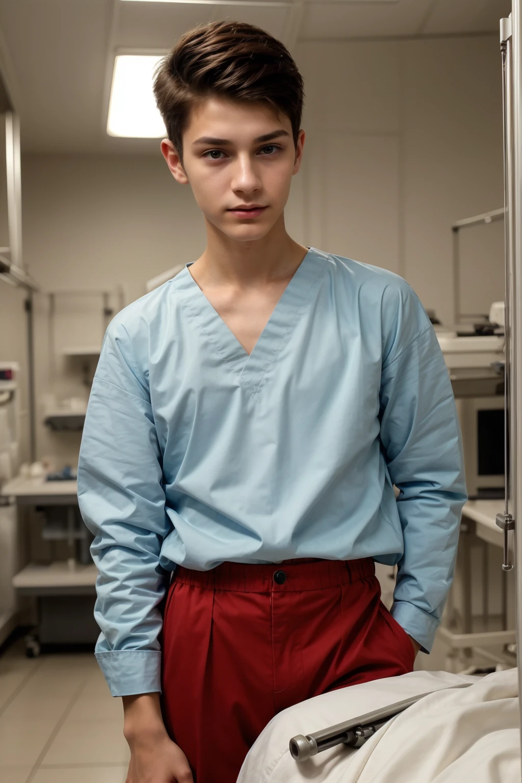 A beautiful young male twink with a face with reddish make-up and black hair. He is wearing a long-sleeved, white shirt and aqua blue pants, and there is blood on his shirt. He is in the surgical operating room, with medical equipment and medical tools behind him, and behind him, he looks proudly.