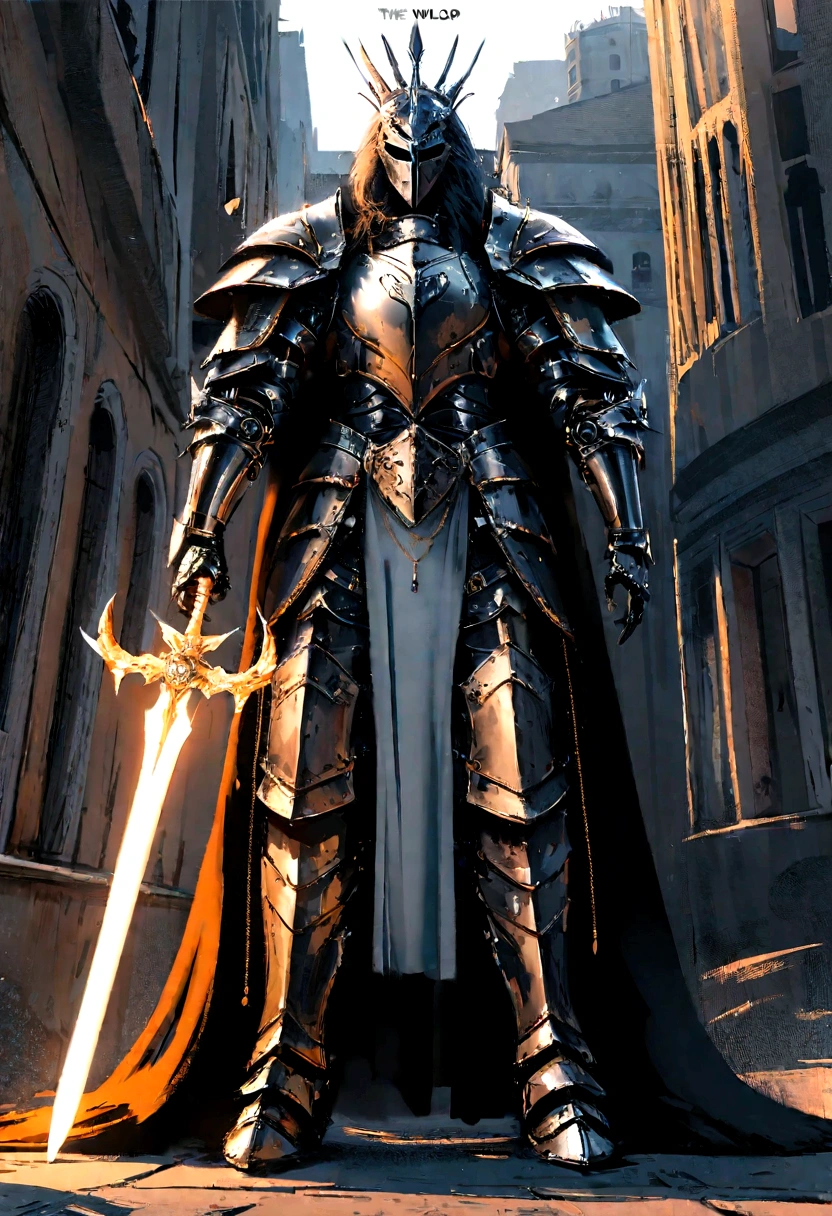 anime character with sword standing in front of a building, fallen knight, from arknights, gothic knight, evil knight, the style of wlop, fantasy knight, knight, royal emperor, dark souls knight, off-white plated armor, wearing heavy armor with cape, black heavy armor with gold trim, smooth anime cg art, artorias, glowing sword, Clock themed armor, Lion Man, Leonin, Lion person