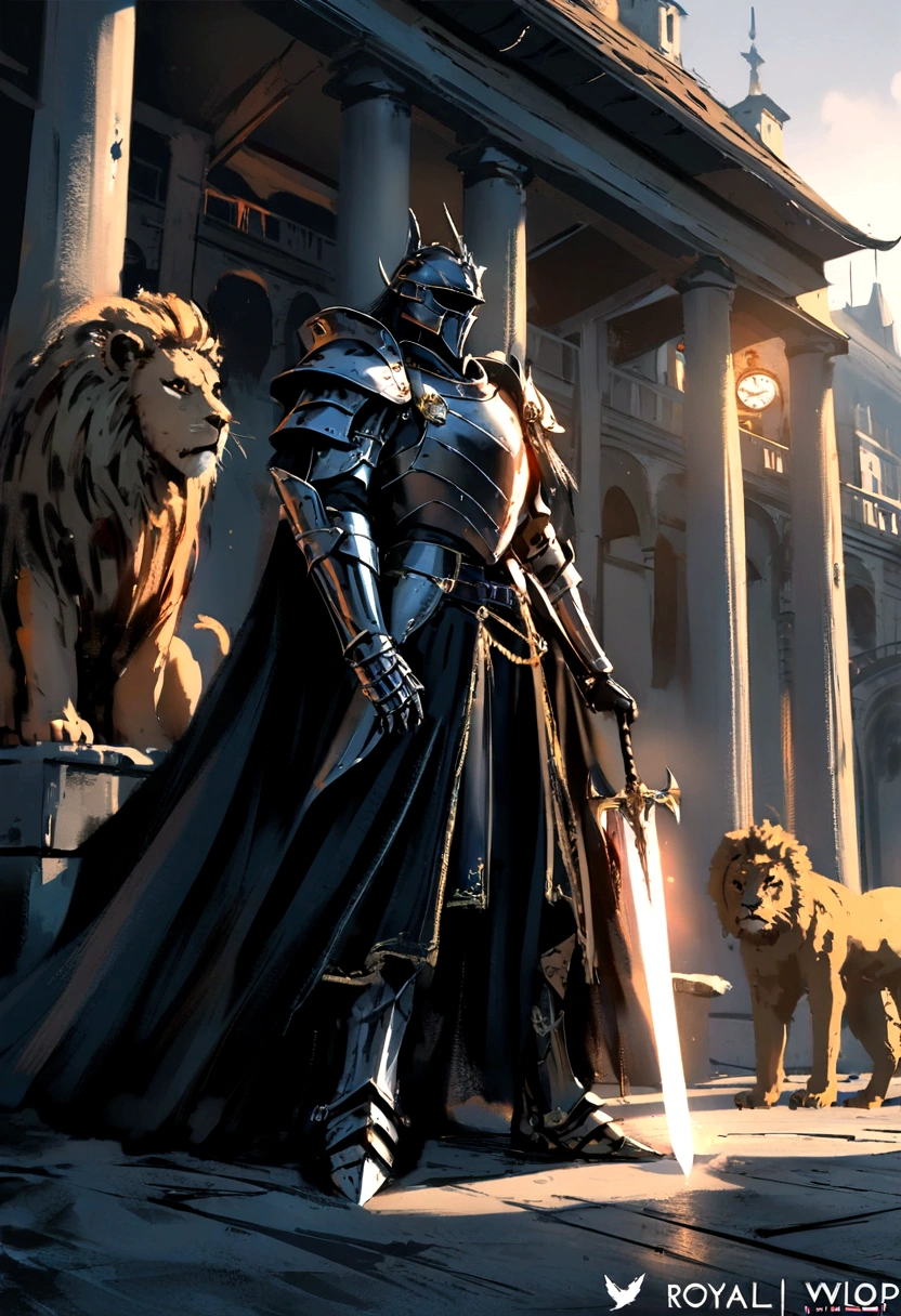 anime character with sword standing in front of a building, fallen knight, from arknights, gothic knight, evil knight, the style of wlop, fantasy knight, knight, royal emperor, dark souls knight, off-white plated armor, wearing heavy armor with cape, black heavy armor with gold trim, smooth anime cg art, artorias, glowing sword, Clock themed armor, Lion Man, Leonin, Lion person