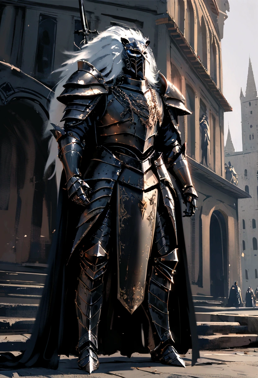 anime character with sword standing in front of a building, fallen knight, from arknights, gothic knight, evil knight, the style of wlop, fantasy knight, knight, royal emperor, dark souls knight, off-white plated armor, wearing heavy armor with cape, black heavy armor with gold trim, smooth anime cg art, artorias, glowing sword, Clock themed armor, Lion Man, Leonin, Lion person