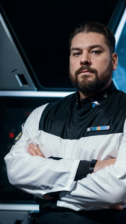 The space general wears a futuristic uniform, he is fat bearded, long sleeve uniform , he has his arms crossed seriously, speaking to the viewer, He wears a white general&#39;s hat on his head.