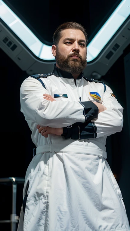 The space general wears a futuristic uniform, he is fat bearded, long sleeve uniform , he has his arms crossed seriously, speaking to the viewer, He wears a white general's hat on his head.
