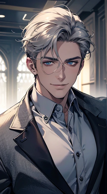 (best quality, masterpiece, 8K, photorealistic, cinematic lighting, 1:4 hdr image, ultra detailed, beautiful image), a mature man, 25 years very handsome, ((cold expression smile in love)), short grey hair, blue eyes, face perfect without mistakes, ((buttoning his jacket, CEO)), smile.