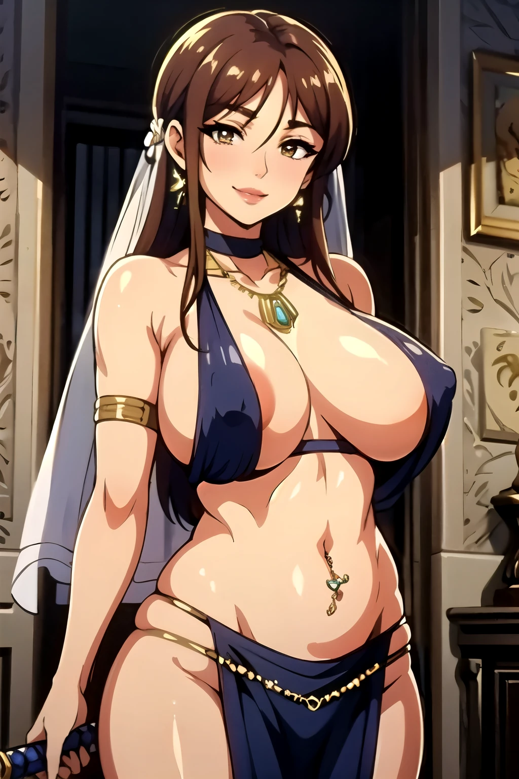 , aaitoe, brown hair, brown eyes, earrings, jewelry, long hair, lips, large breast, (mature female:1.2) , blush, lipstick, masterpiece, best quality, highly detailed ,glint,halterneck,gold_choker, complex detailed background,
inside, stone wall, ancient interior, ancient egyptian room, hieroglyphs, dark lighting, dark
atmosphere, (cowboy shot), holding a sword, sword, belly_chain,harem_outfit,navel, necklace,
pelvic_curtain,revealing_clothes, veil,masterpiece,best quality,1girl,mature,evil smile, smile,
female,mature,necklace,pendant, (nsfw) not safe for work, exposed belly, exposed navel, exposed
midriff, exposed lower belly, navel piercing