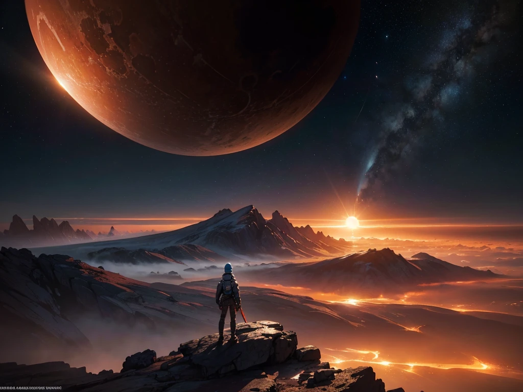 a huge planet with a glowing sun, detailed planetary surface, stunning celestial landscape, dramatic lighting, epic space opera, cinematic composition, muted color palette, moody atmosphere, 8k, hyper detailed, photorealistic, digital painting