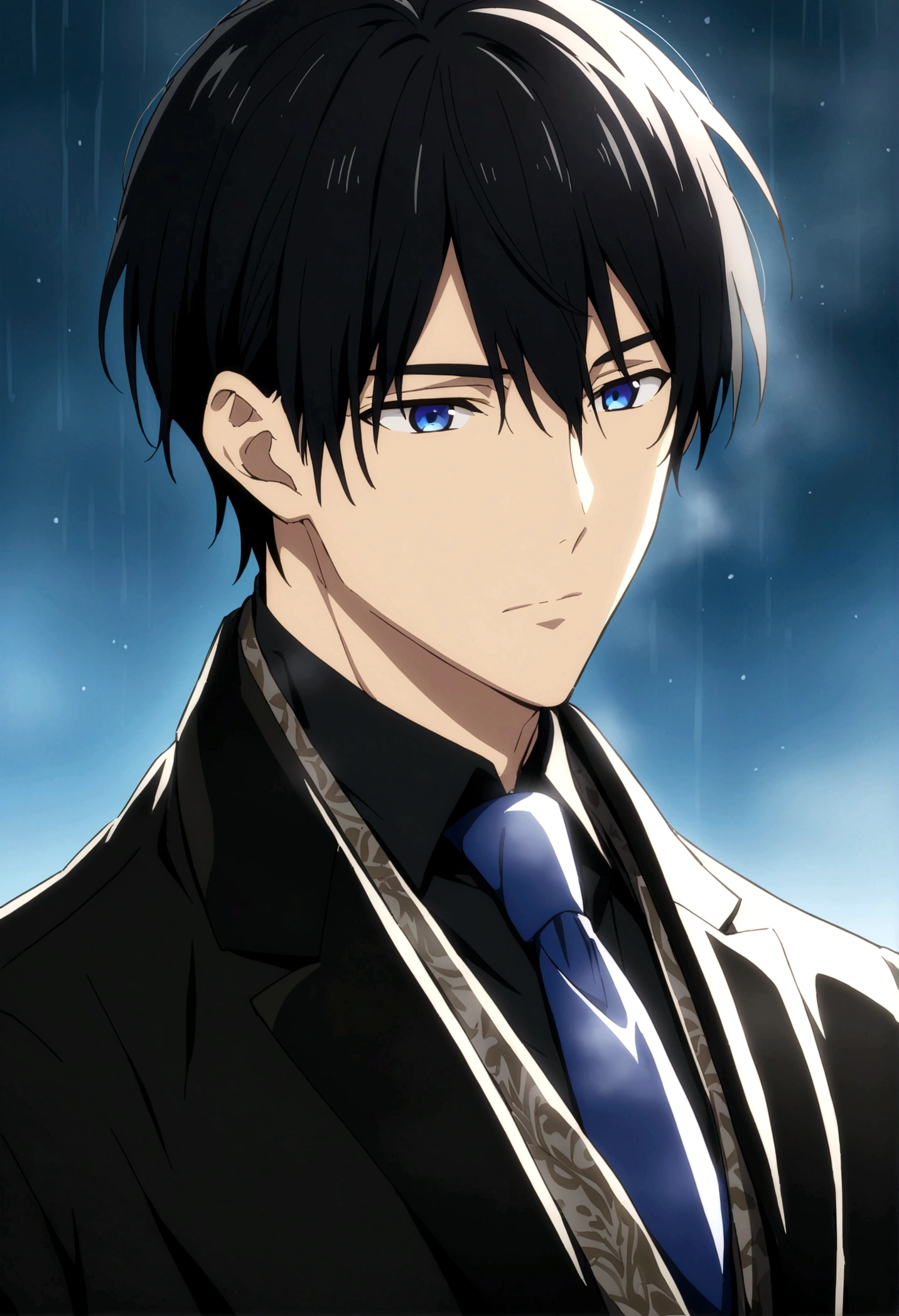 Handsome, tall guy, short hair, black suit, formal , closed mouth, male, blue eyes, black hair, anime, cold, ikemen, potrait, aesthetic, cool, single person, cold character