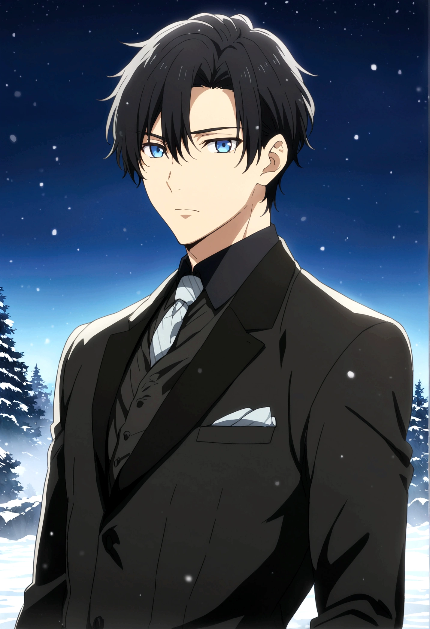 Handsome, tall guy, short hair, black suit, formal , closed mouth, male, blue eyes, black hair, anime, cold, ikemen, potrait, aesthetic, cool, single person, cold character