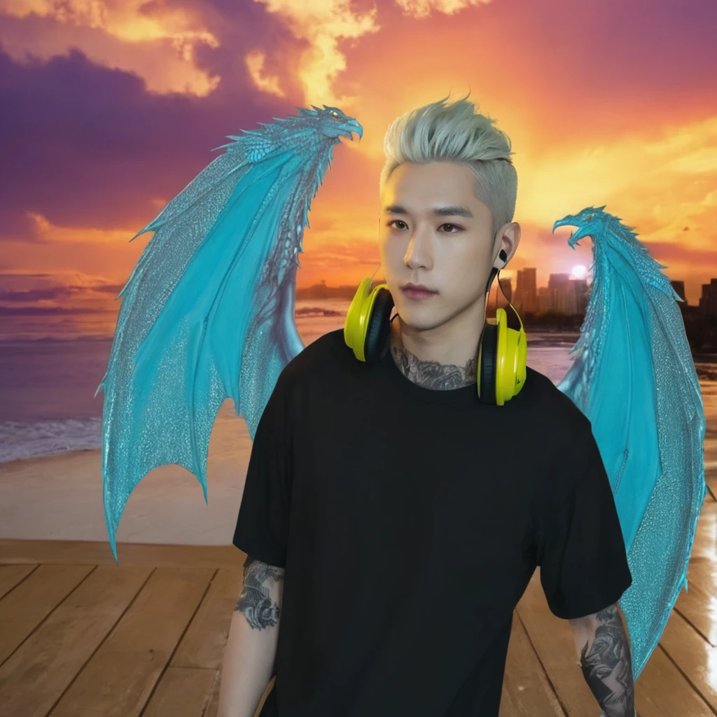 A man with short blond hair, with silver dragon wings, headphones and black shirt.