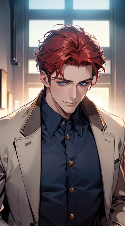 (best quality, masterpiece, 8K, photorealistic, cinematic lighting, 1:4 hdr image, ultra detailed, beautiful image), a mature man, 25 years very handsome, ((cold expression smile in love)), short red hair, blue eyes, face perfect without mistakes, ((buttoning his jacket, CEO)), smile.
