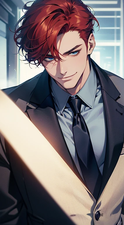(best quality, masterpiece, 8K, photorealistic, cinematic lighting, 1:4 hdr image, ultra detailed, beautiful image), a mature man, 25 years very handsome, ((cold expression smile in love)), short red hair, blue eyes, face perfect without mistakes, ((buttoning his jacket, CEO)), smile.