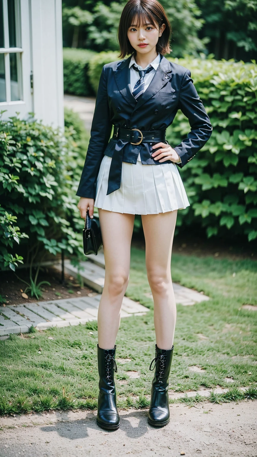 (8K、RAW Photos、Highest quality、masterpiece:1.2)、(Realistic、Realistic)、1 Girl、((Check mini skirt、tie、Medium Hair、black、Thin legs、whole body、boots、blackいコート、one piece、garden、View from the front、Looking into the camera、belt、Stand with hands on hips))、
