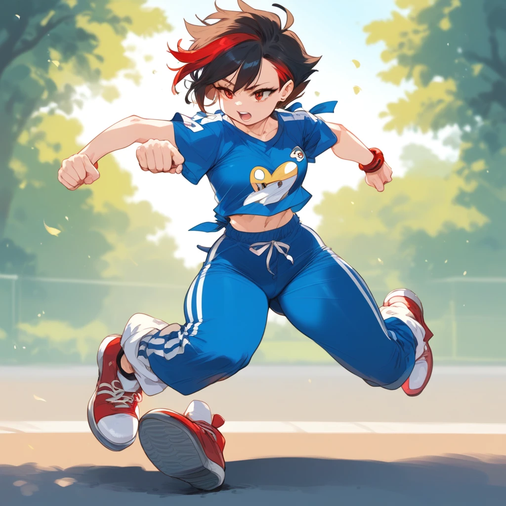 mixed_artwork style, 1 girl, standing alone, hands, Asian, Sonic cosplay, running, short black hair with red highlights, red eyes , Photography,