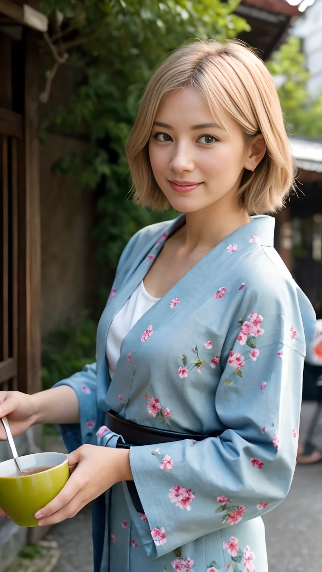 High Resolution, ​masterpiece, 1girl, alone, best quality, realistic,
blond hair, short hair,
(Pose: The woman is standing outdoors, holding a bowl of green tea dessert with one hand and a spoon in the other, ready to take a bite. She is slightly angled towards the camera, giving a candid and natural look.)
(Angle: The angle is a mid-shot, focusing on her upper body and capturing the background details of a traditional Japanese street. The lighting is soft and natural, highlighting her and the surroundings beautifully.)
(Expression: She has a pleasant and slightly surprised expression, with her mouth slightly open as she looks at the camera. Her expression adds a sense of spontaneity and charm to the scene.)
(Outfit: The woman is dressed in a beautiful floral-patterned yukata (a casual summer kimono), with a green obi (belt) tied around her waist. She carries a matching green kinchaku (traditional Japanese drawstring bag), complementing her outfit and adding to the authenticity of the scene.)
(sexy woman), (20 age old), evil smile , aroused, gros seins couverts, regard magnifique, cheveux blonds, 25 ans, jeune femme 4K, HDR.  (James C. Christensen:1.2|Jeremy Lipking:1.1), fit, sporty, Amazonian structure, muscular physique, Muscular arms, erotic beautiful body of a queen,
(Dynamic camera:1.2), (​masterpiece), (best quality:1.2), Intricate detailing, Skin deepening
(Very detailed skin:1.2), shadows, contrast, cinematic lights ultra high resolution, Kodak vision colors, extremadamente detallado, Realistic, maximum details, real life, fotorrealismo, 8K UHD, 4K, ultra-detailed,