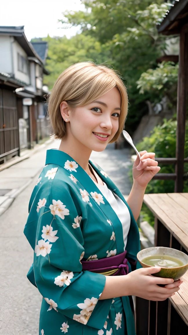 High Resolution, masterpiece, 1girl, alone, best quality, realistic,
blond hair, short hair,
(Pose: The woman is standing outdoors, holding a bowl of green tea dessert with one hand and a spoon in the other, ready to take a bite. She is slightly angled towards the camera, giving a candid and natural look.)
(Angle: The angle is a mid-shot, focusing on her upper body and capturing the background details of a traditional Japanese street. The lighting is soft and natural, highlighting her and the surroundings beautifully.)
(Expression: She has a pleasant and slightly surprised expression, with her mouth slightly open as she looks at the camera. Her expression adds a sense of spontaneity and charm to the scene.)
(Outfit: The woman is dressed in a beautiful floral-patterned yukata (a casual summer kimono), with a green obi (belt) tied around her waist. She carries a matching green kinchaku (traditional Japanese drawstring bag), complementing her outfit and adding to the authenticity of the scene.)
(sexy woman), (20 age old), evil smile , aroused, gros seins couverts, regard magnifique, cheveux blonds, 25 ans, jeune femme 4K, HDR. (James C. Christensen:1.2|Jeremy Lipking:1.1), fit, sporty, Amazonian structure, muscular physique, Muscular arms, erotic beautiful body of a queen,
(Dynamic camera:1.2), (masterpiece), (best quality:1.2), Intricate detailing, Skin deepening
(Very detailed skin:1.2), shadows, contrast, cinematic lights ultra high resolution, Kodak vision colors, extremadamente detallado, Realistic, maximum details, real life, fotorrealismo, 8K UHD, 4K, ultra-detailed,