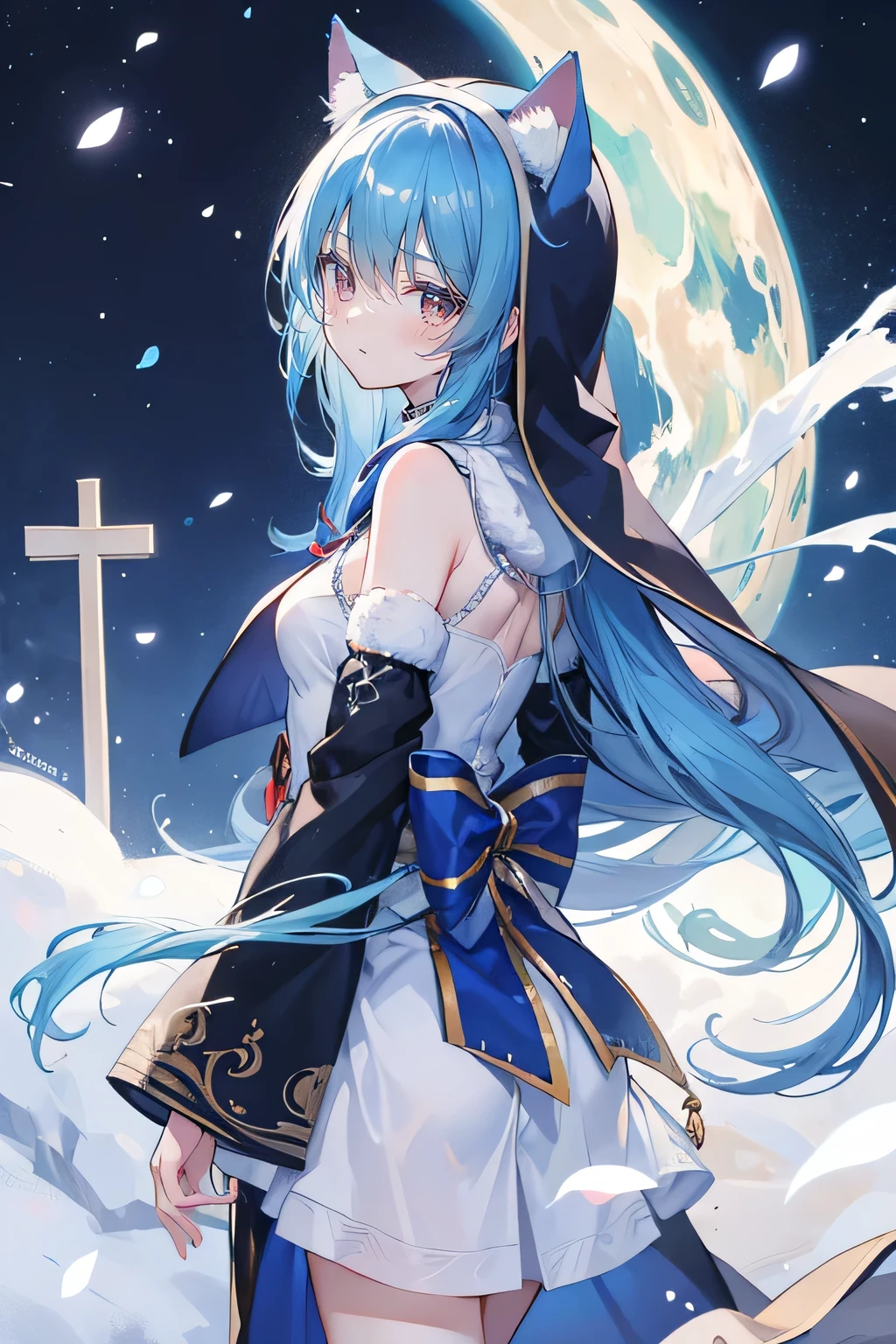 (masterpiece:1.2),Super detailed,lifelike,Expressive eyes,fair skin,perfect face shape,1 girl,
Japanese comics,Gorgeous blue hair,flowing blue hair,flowing clothes,Cat ears,Petals fall,beautiful lola,Baby Angel,
Shaking head with one hand,Cross your legs,Gentle and peaceful background,The pavilion is cool and comfortable,smile,back views,snowing, winter,Nun's Clothes,Church Background。