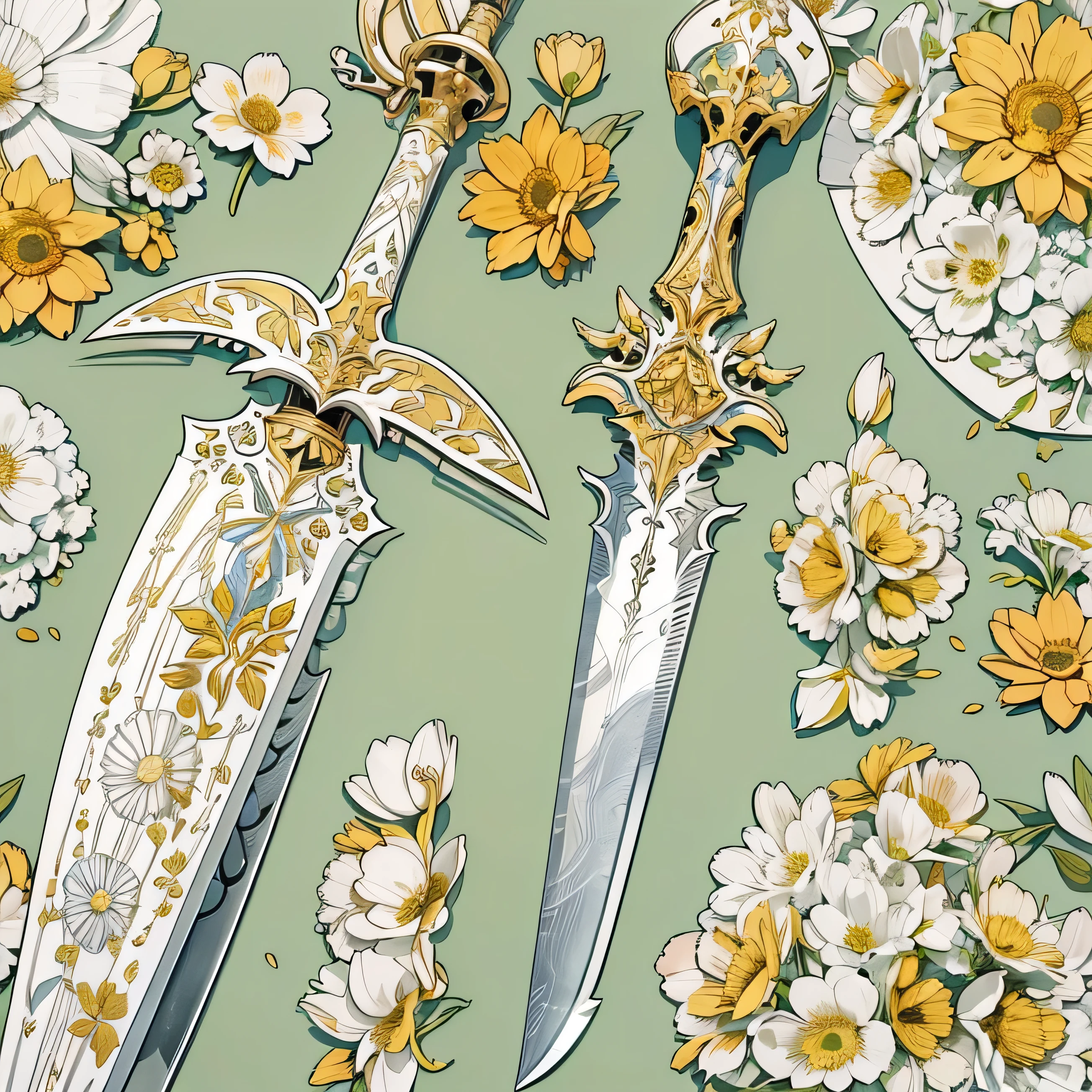 (((best quality))), (((masterpiece))), Weapons to be included in the Weapon Encyclopedia, Two-handed sword, big knife, flapper style knife, elegant style knife, 1920s European style knife, A knife with a striking flower pattern, RPG game weapons, white background, Crisp Lines, white and yellow, cute style