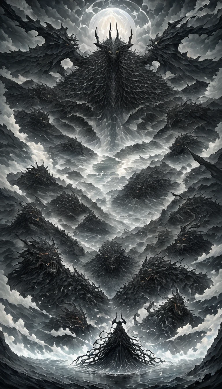 A lot of black water,Gushing out from the gate of life and death。In a flash,The surrounding mountains were flooded.,The soul water is flowing in a radius of thousands of miles,It became a black sea.。The next moment, a huge amount of black water of souls rushed up into the sky.,Transformed into a giant monster a thousand feet tall - Ghost Demon Lord!Ghost Demon Lord's Chest,Already towering into the sky,He is on par with the sky!
His head,There are three。The front head has dragon horns、Lion's Mane、Snake pupil、ivory。The head on the left is a peach forehead、Grass hair、Three eyes like a flower。The head on the right has cloud sideburns、Electric eye、Fire ears、Chrysostom。He has a thousand arms,Five hundred on the left,Five hundred on the right。Pitch black as ink,Muscle development,Hard lines,The devilish spirit。