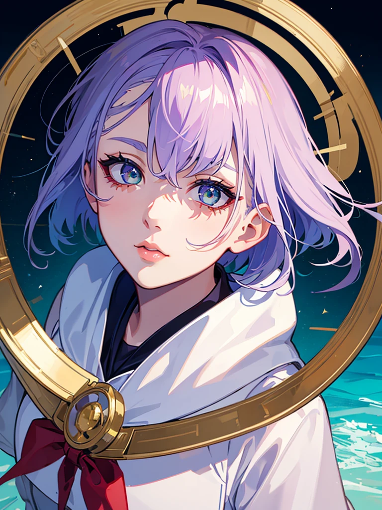 1girl,realistic,short hair,green eyes,empty eyes,purple hair,gigantic breast,expressionless, uniform,sailor suit,skirt,upper body,extremely detailed eyes and face,longeyelashes,beautiful detailed lips,masterpiece,blue background,lucy