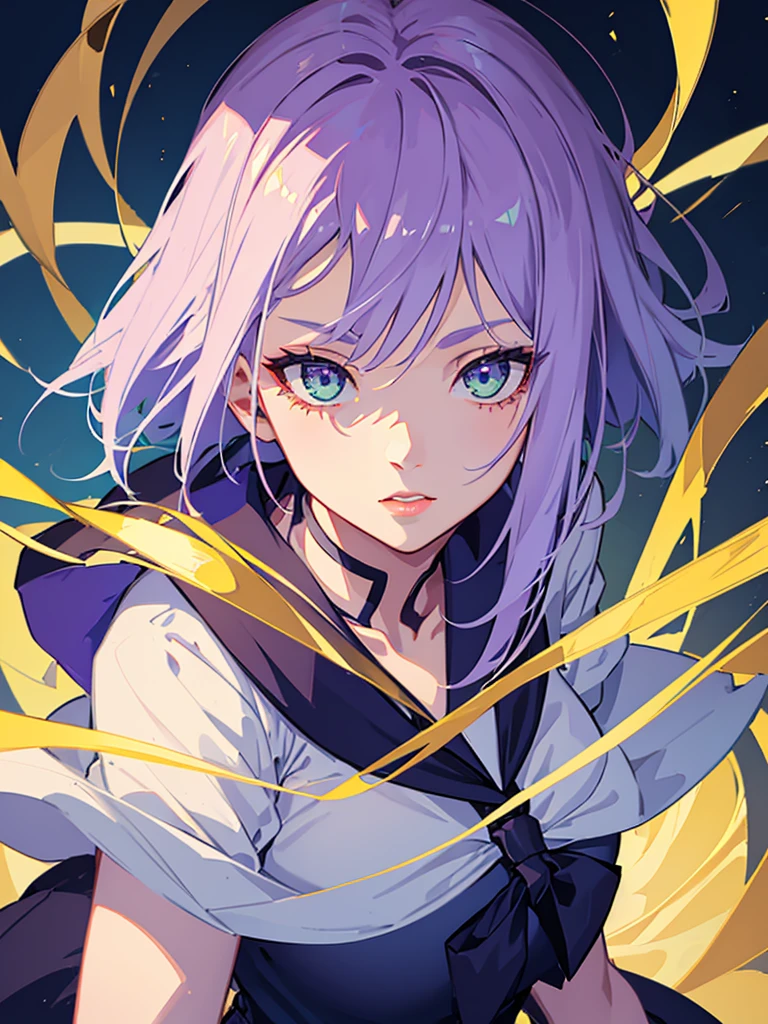 1girl,realistic,short hair,green eyes,empty eyes,purple hair,gigantic breast,expressionless, uniform,sailor suit,skirt,upper body,extremely detailed eyes and face,longeyelashes,beautiful detailed lips,masterpiece,blue background,lucy