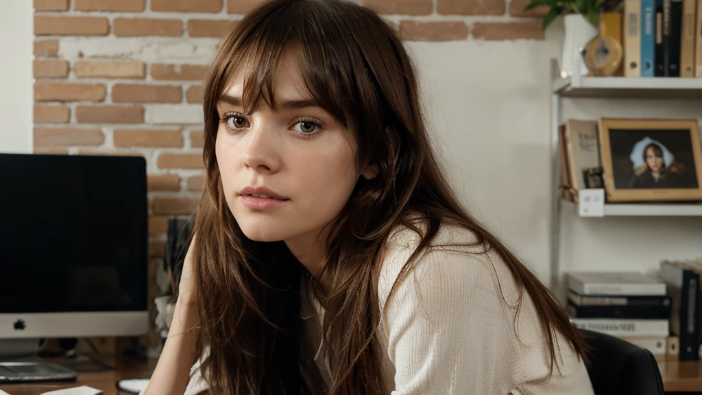 1girl, One Very thin skinny tall pretty skinny zoey deutch, 39 years old, mid long hair, bangs, fringe hair, chatain hair ,bangs hair falling over the forehead, heavy bangs, her hair looks like freja beha erichsen hair, sitting on a office chair, talking to the phone, brick wall behind her, art tableaux, cup of tea, office computer, books on shelves