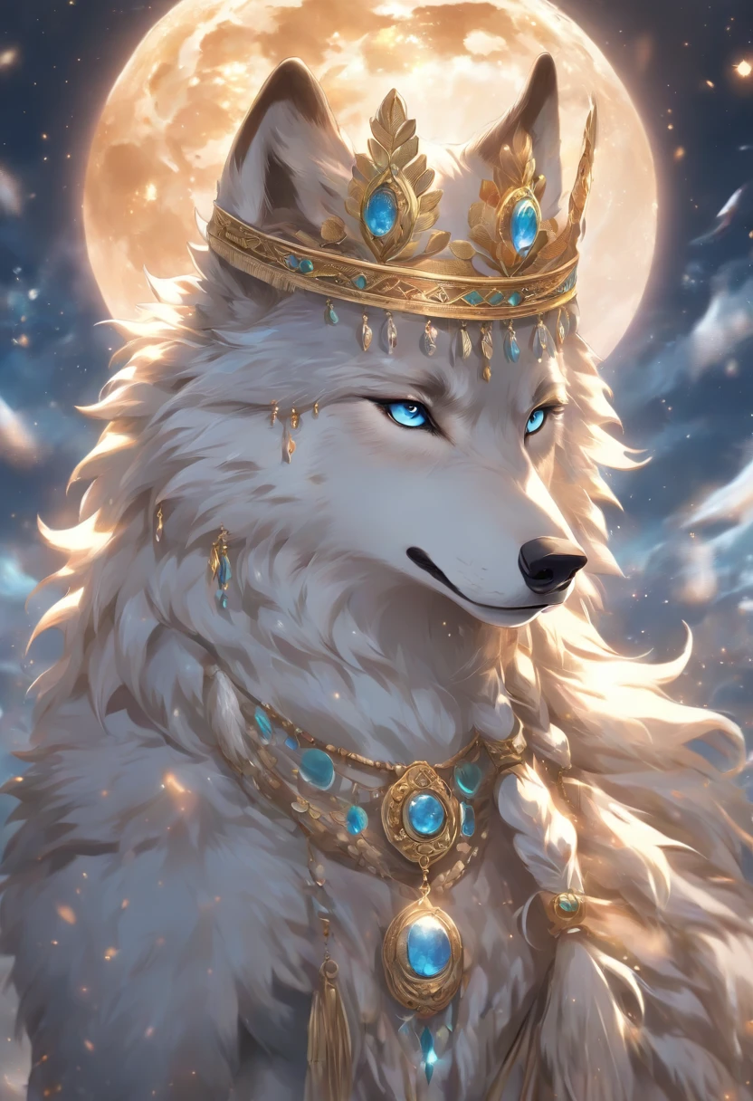 ((( Wolf moon goddess))) Best quality, Ultra-high resolution, 4K detailed CG, master piece,die, Norwegian Women, atef, ((gold crown with feathered accents)),white braided hair with wold ornaments at the end, white hair, white fur, necklace, gold bracelets, ocean blue eyes ((( standing))) Norse mythology, Arabic painting style, dark background, Aesthetics, Beautiful image, Depth of field, Focus on the canvas, full bodyesbian