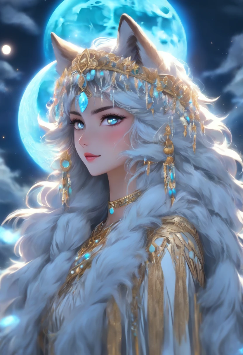 ((( Wolf moon goddess))) Best quality, Ultra-high resolution, 4K detailed CG, master piece,die, Norwegian Women, atef, ((gold crown with feathered accents)),white braided hair with wold ornaments at the end, white hair, white fur, necklace, gold bracelets, ocean blue eyes ((( standing))) Norse mythology, Arabic painting style, dark background, Aesthetics, Beautiful image, Depth of field, Focus on the canvas, full bodyesbian