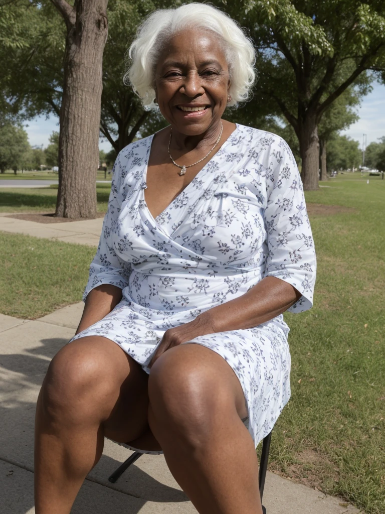 Androeda, solo, realistic, black girl, ((85-year-old girl)), ((mature)), ((old woman)), ((wrinkled woman)), african american old woman, old black woman, dark-skinned, (((upper body and upper legs))), ((outside city park)), ((wide shot)), smiling, wearing white wrap dress, white hair