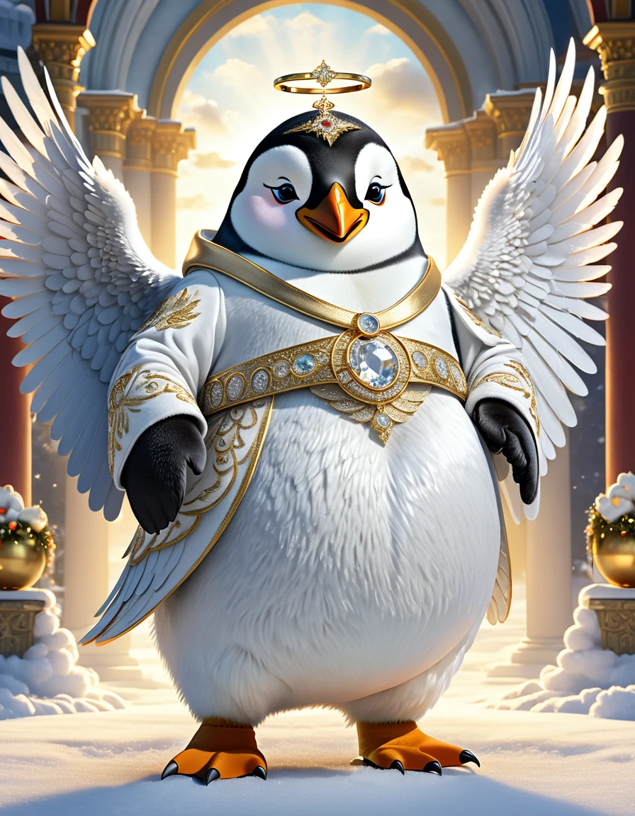 photorealistic portrait of Dressed animals-a ((fat)) ((penguin)) angel,(furry), (elegant pose:1.5), (hands on hips:1.5),(smile:1.5),high quality,(angel wings),(lovely) ,intricate details, Wearing angel clothes , (angel's ring above head), highly detailed ((angel wings)) ,highly detailed decorations of clothes, angel boots , (happy), soft lighting,(full body image:2.0),holy temple background,(clouds),