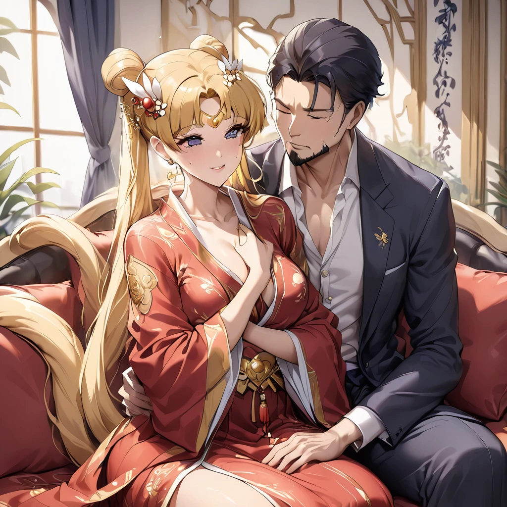 ((Highest quality)), ((masterpiece)), (detailed), （Perfect Face）、The woman is a Chinese woman named Tsukino Usagi, wearing a gorgeous, glittering red Hanfu with lots of gold embroidery, a gorgeous hair ornament, gorgeous jeweled accessories and an engagement ring. The woman and the man are sitting on a gorgeous, large sofa in a gorgeous room, and the woman is passionately embracing and passionately deep kissing the middle-aged Chinese man wearing a dignified and sturdy Hanfu, making passionate love as husband and wife.、The woman is the elegant Tsukino Usagi, a Chinese woman with long blonde hair in a chignon twin tail and wearing a red Hanfu with gorgeous gold embroidery all over it.、The man is a dignified, muscular, bearded, middle-aged Chinese man wearing the traditional Chinese dress, Hanfu.