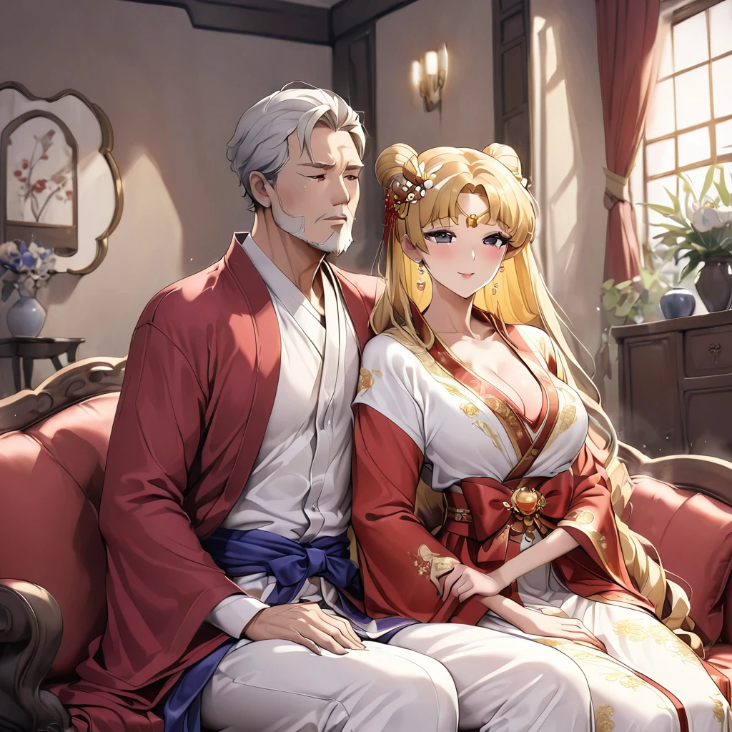 ((Highest quality)), ((masterpiece)), (detailed), （Perfect Face）、The woman is a Chinese woman named Tsukino Usagi, wearing a gorgeous, glittering red Hanfu with lots of gold embroidery, a gorgeous hair ornament, gorgeous jeweled accessories and an engagement ring. The woman and the man are sitting on a gorgeous, large sofa in a gorgeous room, and the woman is passionately embracing and passionately deep kissing the middle-aged Chinese man wearing a dignified and sturdy Hanfu, making passionate love as husband and wife.、The woman is the elegant Tsukino Usagi, a Chinese woman with long blonde hair in a chignon twin tail and wearing a red Hanfu with gorgeous gold embroidery all over it.、The man is a dignified, muscular, bearded, middle-aged Chinese man wearing the traditional Chinese dress, Hanfu.