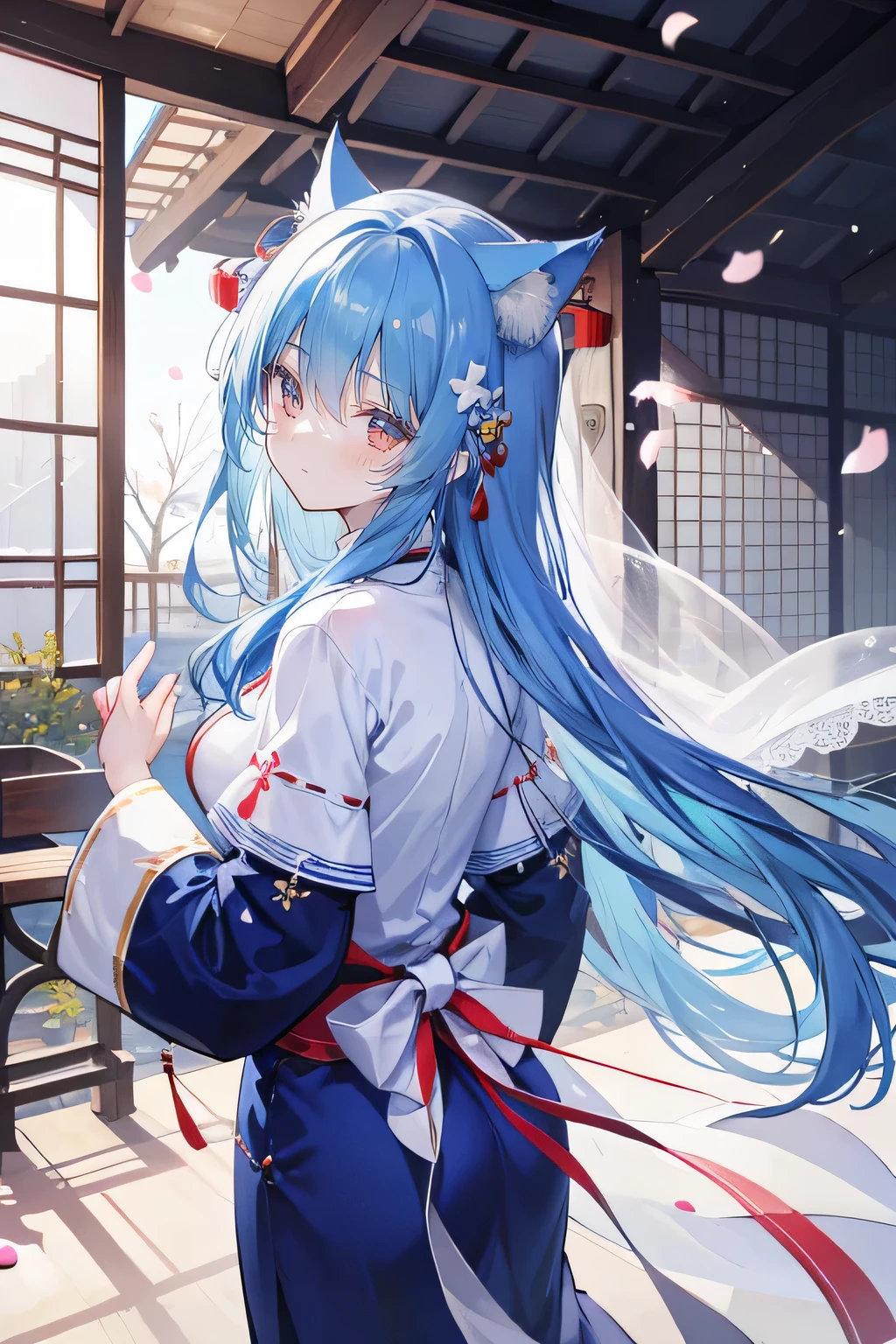 （masterpiece：1.2），Super detailed，lifelike，Expressive eyes，fair skin，perfect face shape，1 girl，
Japanese comics,Gorgeous blue hair,flowing blue hair,flowing clothes,Cat ears,Petals fall,beautiful lola,Baby Angel,
Shaking head with one hand，Cross your legs，Gentle and peaceful background，The pavilion is cool and comfortable,smile,back views,snowing, winter，Nun&#39;s Clothes，Church Background。