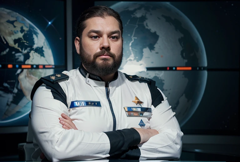 The space general wears a futuristic uniform, he is fat bearded, long sleeve uniform , he has his arms crossed seriously, speaking to the viewer, He wears a white general&#39;s hat on his head.