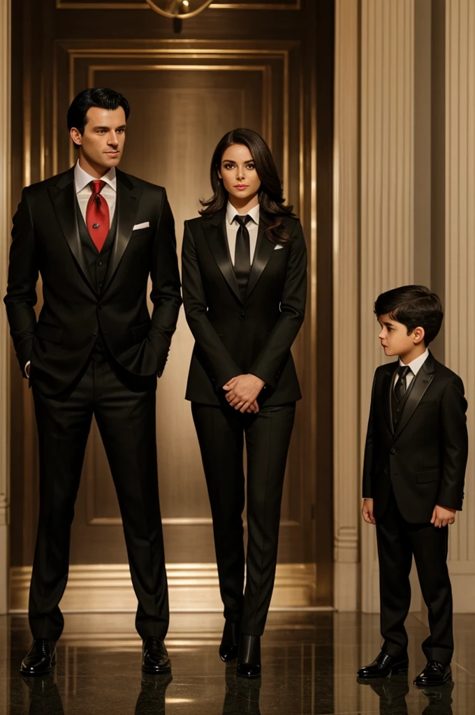 A , short female with a black dress, olive skin, brown hair, green eyes.
Standing next to a tall, masculine man with black filled eyes, black hair, and an expensive black suit with red tie and black leather gloves.