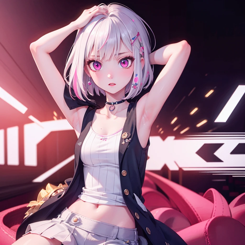 ((best quality)), ((masterpiece)), (detailed), 1girl, Tanktop. White hair. Short hair. Pink eyes. Armpit. Inner pink hair. Glow eyes.