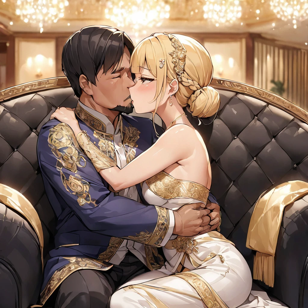 ((Highest quality)), ((masterpiece)), (detailed), （Perfect Face）、The woman is a Thai woman named Tsukino Usagi, and is in a luxurious Thai mansion wearing a gorgeous, glittering siwalai with gold embroidery, gorgeous jeweled accessories, and an engagement ring. The woman and the man are sitting on a luxurious, large sofa in the luxurious room, and the woman is passionately embracing and passionately deep kissing the middle-aged Thai man wearing a dignified and sturdy Thai national costume, making passionate love as a married couple.、The woman is the elegant Tsukino Usagi, a Thai girl with long blonde hair in a chignon twin tail, wearing a luxurious siwa-rai.、The man is a dignified, muscular, bearded, middle-aged Thai man wearing a Sua Praratchathan.