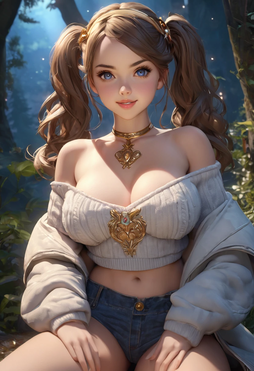 masterpiece, best quality, highly detailed, 1girl, solo, twintails, off-shoulder sweater, choker, large glasses, gold locket, jacket, hairband, looking at viewer, smile, blush, Wide Smile, Eyes Detailed & Wide, sexy Pose. Ultra HD, Rococo-Inspired Fantasy Art With Intricate Details. Cute, Charming Expression, Alluring-Gaze, looking at viewer Beautiful Eyes, An-Ideal-Figure. Large Youthful Well-Shaped-Breasts, Massive-Round-Bosom, Décolletage. slim waist, fit body, full lipsWarm lights , woman in a dreamy forest at night, with fluffy hair, delicate face, realistic, real, slim, large aperture, sexy shots, attractive poses,Stunnin gly beautiful merge of Scarlett Johanson. Alison Brie, Selena Gomez. symmetrical face, photorealistic, photography, path tracing, specular lighting, volumetric face light, path traced hairmaximum quality{(masutepiece) (8K High Resolution) (top-quality) In the style of breath of the wild.
