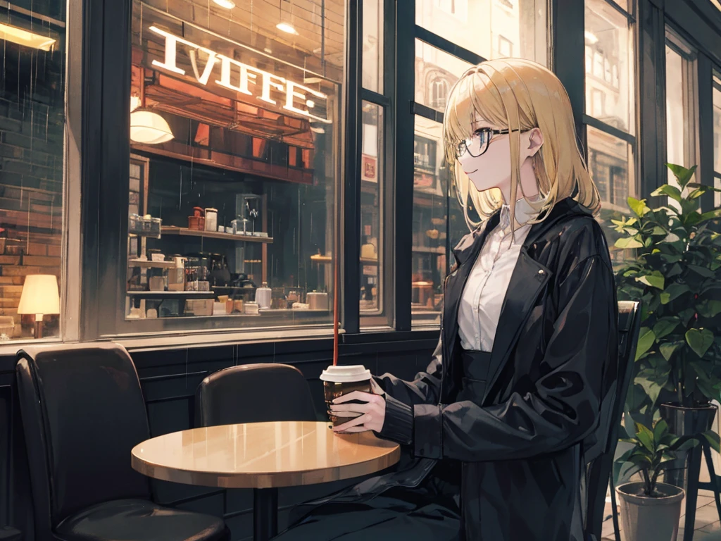A blonde woman drinking coffee in a cafe and a slender man with dark hair and glasses chatting happily Rainy Town window Neon Town 29-year-old