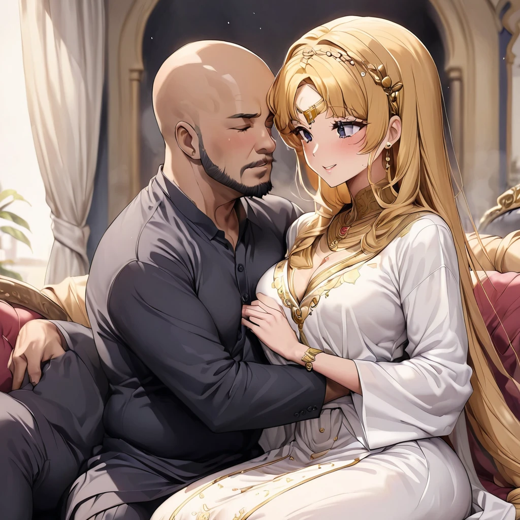 ((Highest quality)), ((masterpiece)), (detailed), (Perfect Face)、The woman is Tsukino Usagi, an Arab Muslim with vivid brown skin, and is wearing a gorgeous, glittering abaya with gold embroidery, a gorgeous hijab, a gorgeous hair ornament, gorgeous jeweled accessories, and an engagement ring in a luxurious Islamic mansion. The woman and the man are sitting on a luxurious, large sofa in the luxurious room, and the woman is passionately embracing and passionately deep kissing the dignified, bearded, middle-aged Arab Muslim man wearing Arab national dress, making passionate love as a married couple.、The woman is the elegant Tsukino Usagi, with long blonde hair in a chignon twin tail, wearing an abaya and a gorgeous hijab, and a bright brown-skinned Muslim Arab.、(The woman is a dark-skinned Arab Muslim named Tsukino Usagi)、The man is a Muslim, dignified, strong-looking, bearded, middle-aged Arab man wearing traditional Arab clothing.
