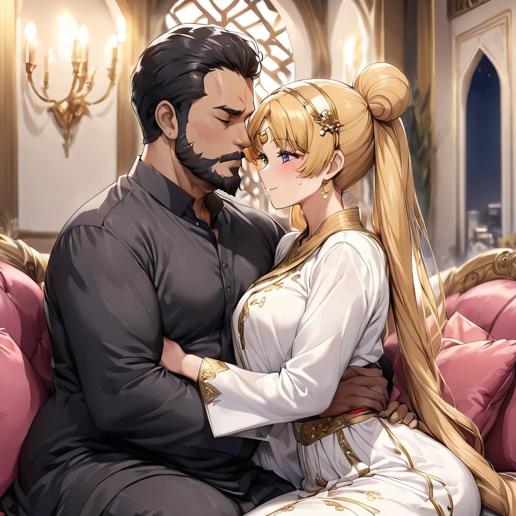 ((Highest quality)), ((masterpiece)), (detailed), (Perfect Face)、The woman is Tsukino Usagi, an Arab Muslim with vivid brown skin, and is wearing a gorgeous, glittering abaya with gold embroidery, a gorgeous hijab, a gorgeous hair ornament, gorgeous jeweled accessories, and an engagement ring in a luxurious Islamic mansion. The woman and the man are sitting on a luxurious, large sofa in the luxurious room, and the woman is passionately embracing and passionately deep kissing the dignified, bearded, middle-aged Arab Muslim man wearing Arab national dress, making passionate love as a married couple.、The woman is the elegant Tsukino Usagi, with long blonde hair in a chignon twin tail, wearing an abaya and a gorgeous hijab, and a bright brown-skinned Muslim Arab.、(The woman is a dark-skinned Arab Muslim named Tsukino Usagi)、The man is a Muslim, dignified, strong-looking, bearded, middle-aged Arab man wearing traditional Arab clothing.