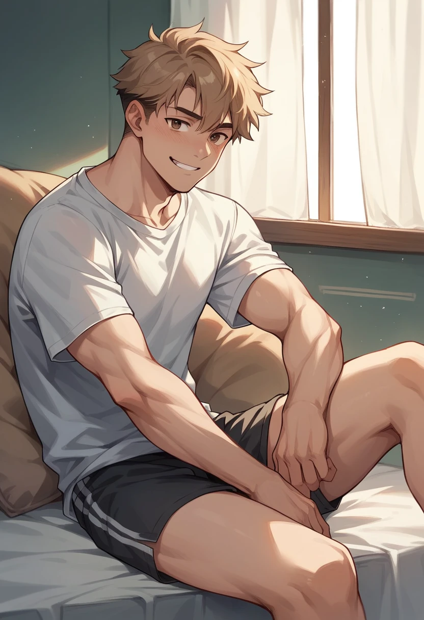 1 boy in the room sitting on the bed with his legs open, her hair is brown and short, his light brown eyes with a mischievous smile on his face, He's shirtless but wearing boxer shorts, has a small but visible pit in the groin