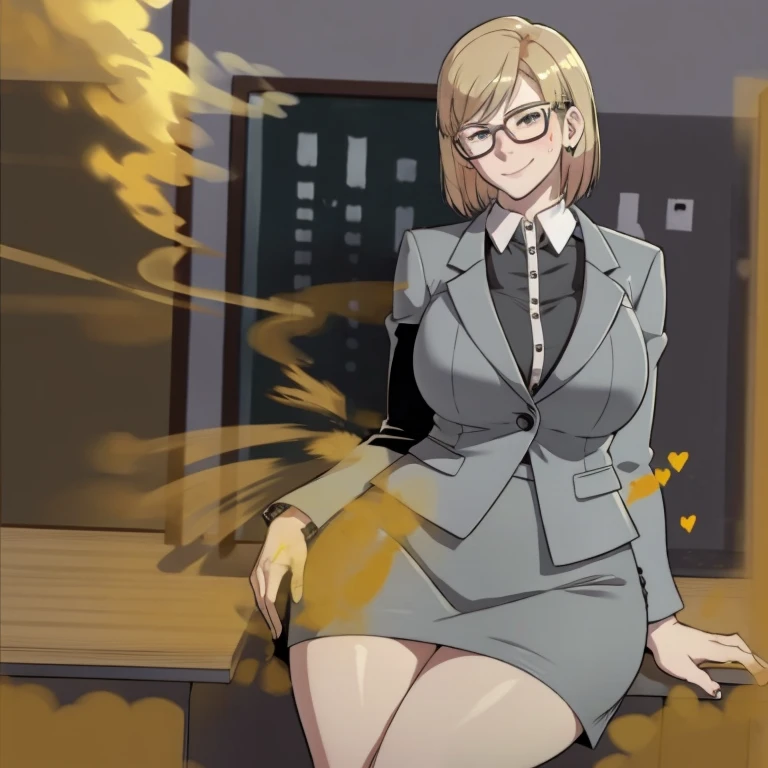 HD, solo, 1female, erica bartholomew, pale skin, office outfit, grey suit, tight grey skirt, wearing glasses, blonde hair, farting, massive fart, yellow smoke rising, relieved face, smiling, blush, sitting on seat, alone in office, heart signs