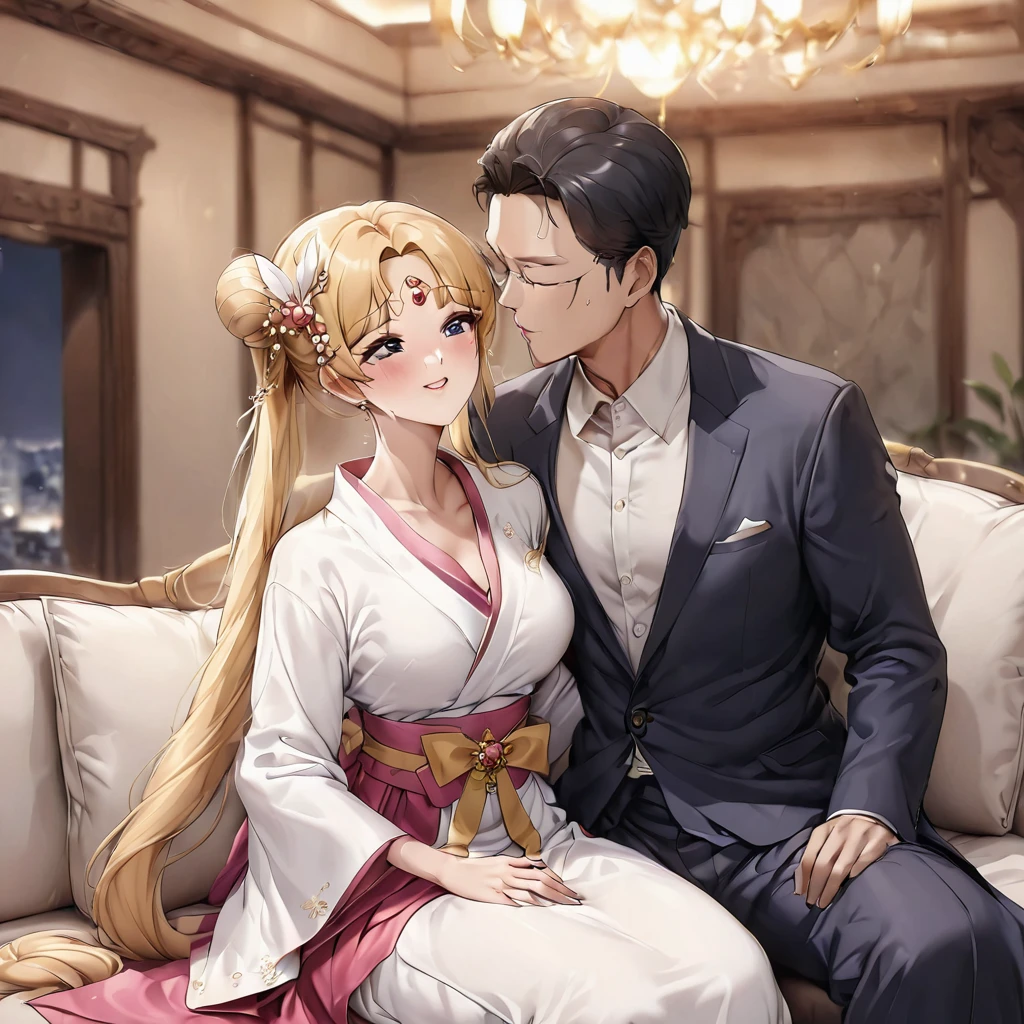 ((Highest quality)), ((masterpiece)), (detailed), (Perfect Face)、The woman is Korean Tsukino Usagi, and in a luxurious Korean mansion, she is wearing a gorgeous and dazzling traditional Korean dress called a hanbok, a gorgeous hair ornament, gorgeous jeweled accessories, and an engagement ring. The woman and the man are sitting on a gorgeous, large sofa in the luxurious room, and the woman is passionately embracing and passionately kissing the middle-aged Korean man wearing a dignified and sturdy hanbok, making passionate love as husband and wife.、The woman is the elegant Tsukino Usagi, a Korean woman with long blonde hair in a chignon twin tail, wearing the traditional Korean dress, Chima Chogori.、The man is a dignified, sturdy middle-aged Korean man wearing the traditional Korean dress, Hanbok.