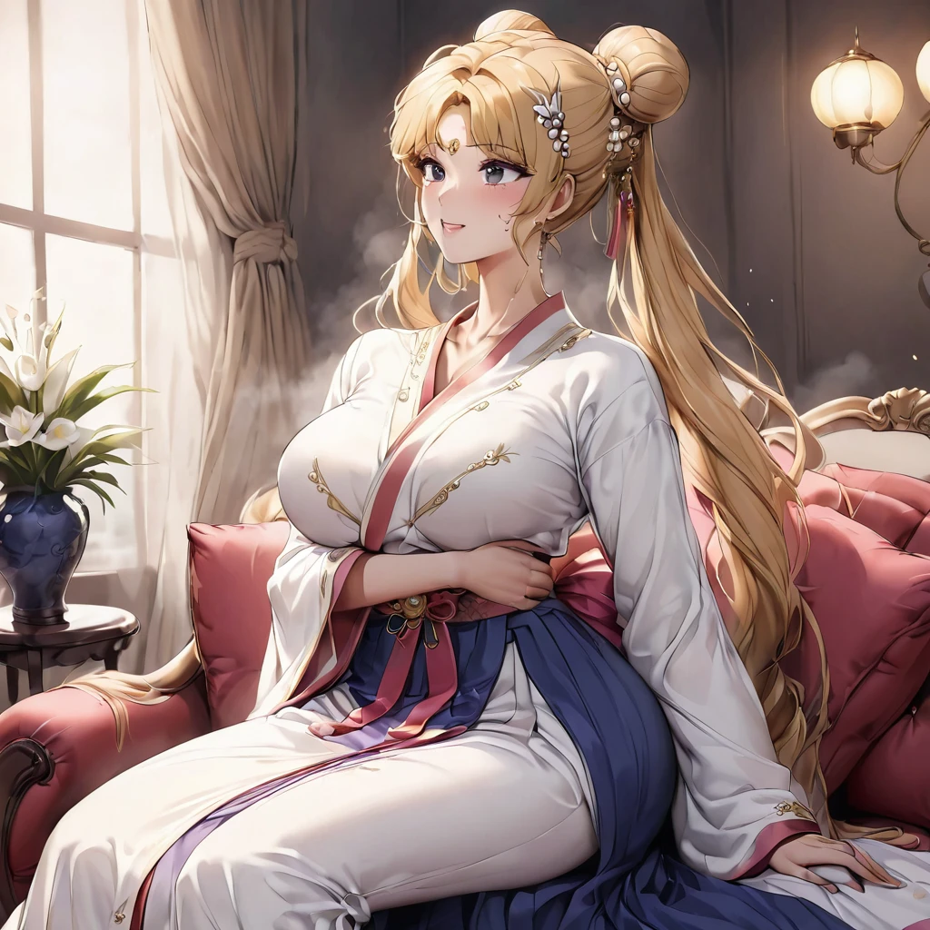 ((Highest quality)), ((masterpiece)), (detailed), （Perfect Face）、The woman is Korean Tsukino Usagi, and in a luxurious Korean mansion, she is wearing a gorgeous and dazzling traditional Korean dress called a hanbok, a gorgeous hair ornament, gorgeous jeweled accessories, and an engagement ring. The woman and the man are sitting on a gorgeous, large sofa in the luxurious room, and the woman is passionately embracing and passionately kissing the middle-aged Korean man wearing a dignified and sturdy hanbok, making passionate love as husband and wife.、The woman is the elegant Tsukino Usagi, a Korean woman with long blonde hair in a chignon twin tail, wearing the traditional Korean dress, Chima Chogori.、The man is a dignified, sturdy middle-aged Korean man wearing the traditional Korean dress, Hanbok.